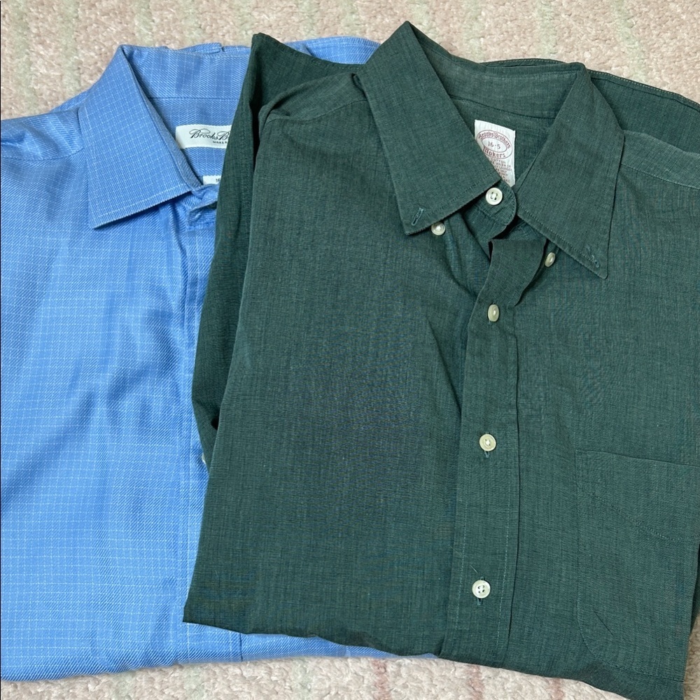2 Brooks Brothers Dress Shirts Blue Windowpane Plaid 16-35  Green 16-5 Office